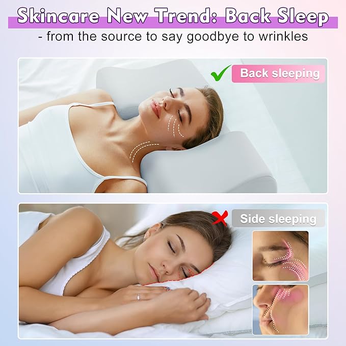 Anti Wrinkle Ergonomic Back Sleep Training Pillow: Cervical Memory Foam Anti Aging Beauty Pillow for Neck Pain Relief - Contoured Neck & Shoulder Support Flawless Face Pillow with Cooling Pllowcase