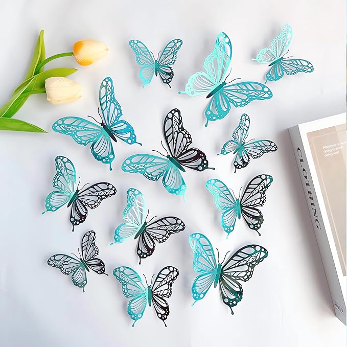 3D Butterfly Wall Decor 48 Pcs 4 Styles 3 Sizes, Butterfly Birthday Decorations Butterfly Party Decorations Cake Decorations, Removable Stickers(Green)