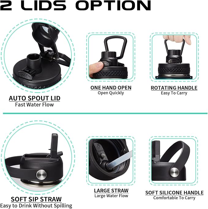 32/40/64oz Insulated Water Bottle with Paracord Handle, Sleeve Carry Strap, Straw Spout Lid, Wide Mouth Metal Canteen Sports Thermo Mug, Leak & Sweat Proof Cold Flask Jug for Camping Traveling