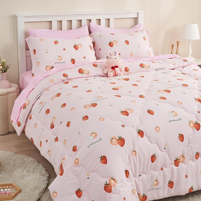 Wajade Girls Strawberry Comforter Set Bed in A Bag Full Size 7 Piece Pink 3D Cute Strawberry Fruit Bedding Set for Kids (1 Comforter, 1 Flat Sheet, 1 Fitted Sheet, 2 Pillowcase and 2 Pillow Sham)