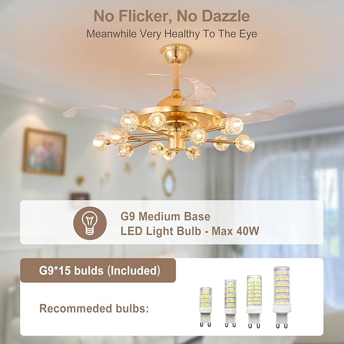 Sputnik Crystal Ceiling Fan Chandelier: 42" Gold Fandelier Ceiling Fans with 15 Lights and Remote Modern - Retractable Fandelier Ceiling Light for Living Dining Room Kitchen Bedroom