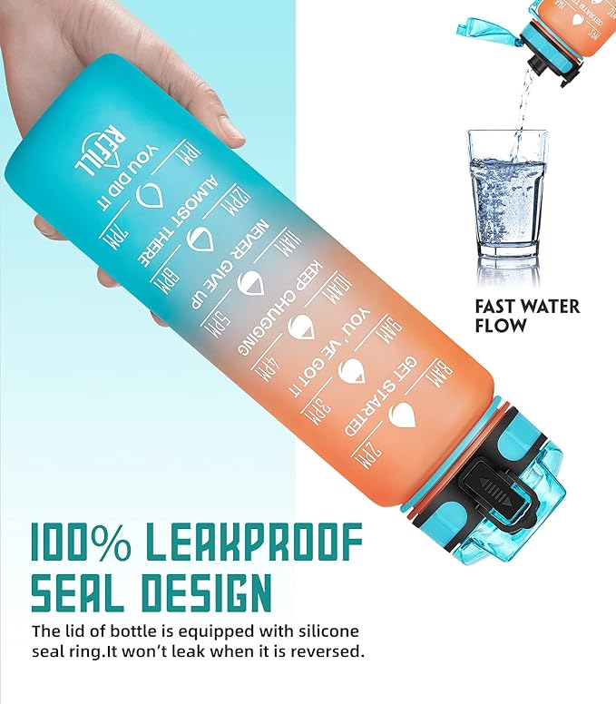 32oz Motivational Water Bottle with Time Marker & Fruit Strainer, Leak-proof BPA Free Non-Toxic Bottle with Carrying Strap, Perfect for Fitness, Gym and Outdoor Sports