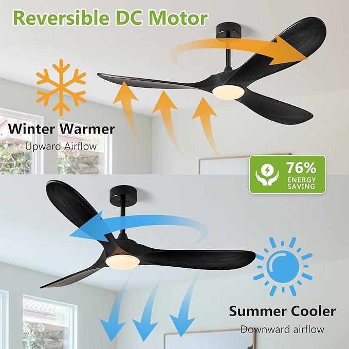 72 Inch Wood Ceiling Fans with Lights and Remote Control, Outdoor Ceiling Fan with Light Solid Wood Modern Black Large Ceiling Fans Propeller Indoor Patios Garage Bedroom High cfm, Matte Black