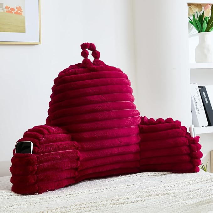 Faux Fur Fluffy Burgundy Reading Pillow with Pockets, Luxury Striped Plush Decorative, Arm Rests and Back Surport for Bed Rest, Lounging on Sofa, Standard