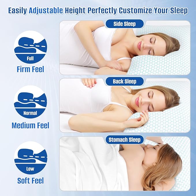 Shredded Memory Foam Pillow for Sleeping, Cooling Bed Pillows Set of 2, Adjustable Pillows for Side, Back, Stomach Sleepers with Washable Pillowcase (Queen Size, Blue)