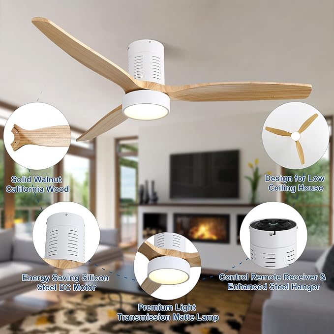 Sofucor Low Profile Ceiling Fan, Flush Mount Ceiling Fan with Lights and Remote Control, 52'' Wood Ceiling Fan with 3 Color Temperature & Adjustable Brightness, Burlywood