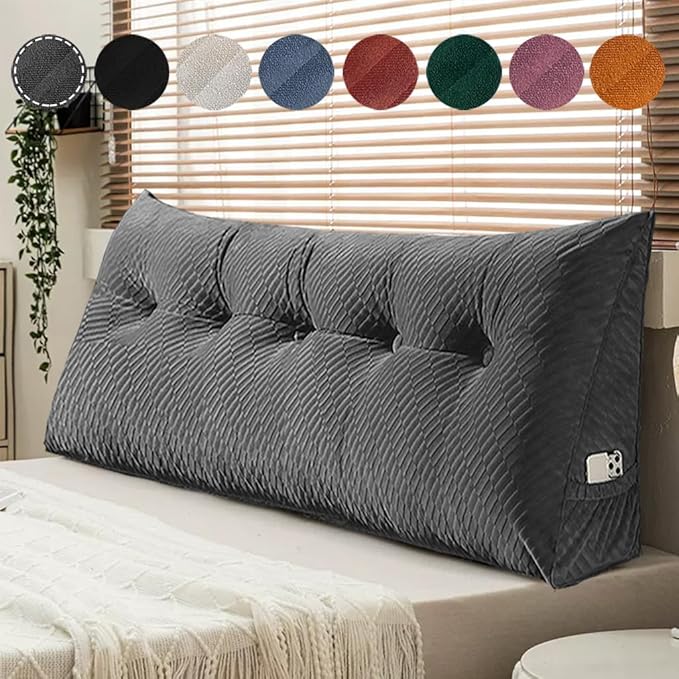 Gradient Velvet Triangular Wedge Pillow, Removable Cover Headboard Pillow for Daybed, Backrest Positioning Support Pillow Cushion Resting Reading Relaxing (Grey, Full(54 * 20 * 8in))