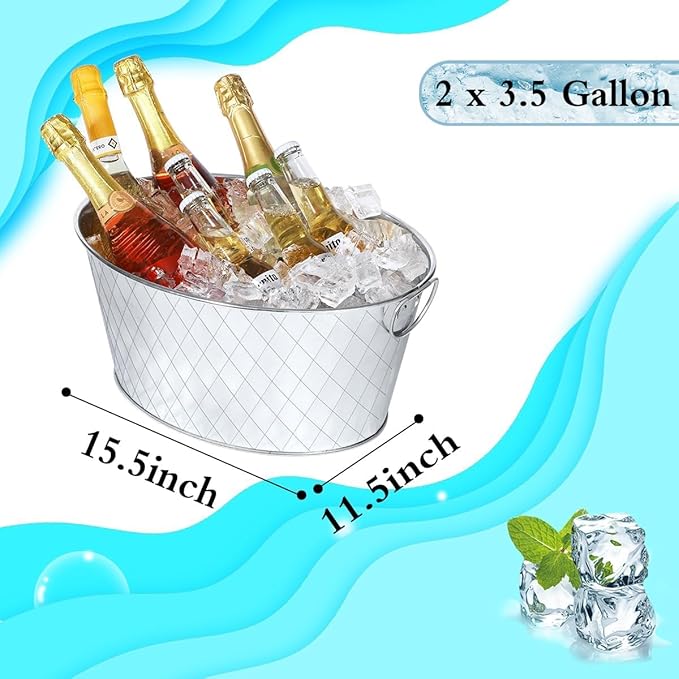 2 Pcs Galvanized Tub 3.5 Gallon Metal Beverage Ice Buckets for Parties Wine Drink Beer Champagne Vintage Tin Large Buckets for Cocktail Mimosa Bar Supplies