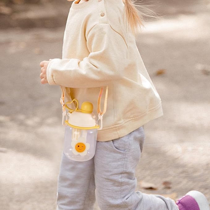 27oz Toddler Water Bottle, Tritan Sports Water Bottle with Straw, Plastic Water Bottle with Soft Strap, Kids Water Bottle for School, Includes Fruit Infuser Strainer, Leak-Proof, BPA Free, Yellow