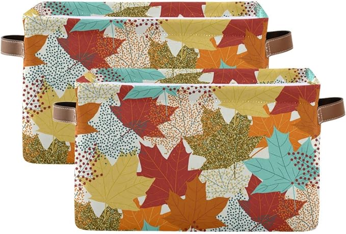 Fall Maple Leaves Storage Basket Fabric Storage Bin Laundry Baskets Autumn Pumpkin Foldable Storage Boxes Organizer Bag for Baby Cloth Dog Toy Book Storage Cubes Shelf Closet Basket 16×12×8 Inches