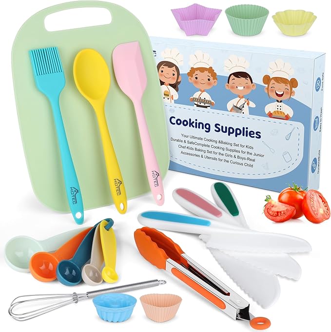 HOTEC Kids Baking Cooking Supplies Set Nylon Children's Kitchen knives BPA Free Cuttting Board Silicone Spoon Spatula Cupcake mold