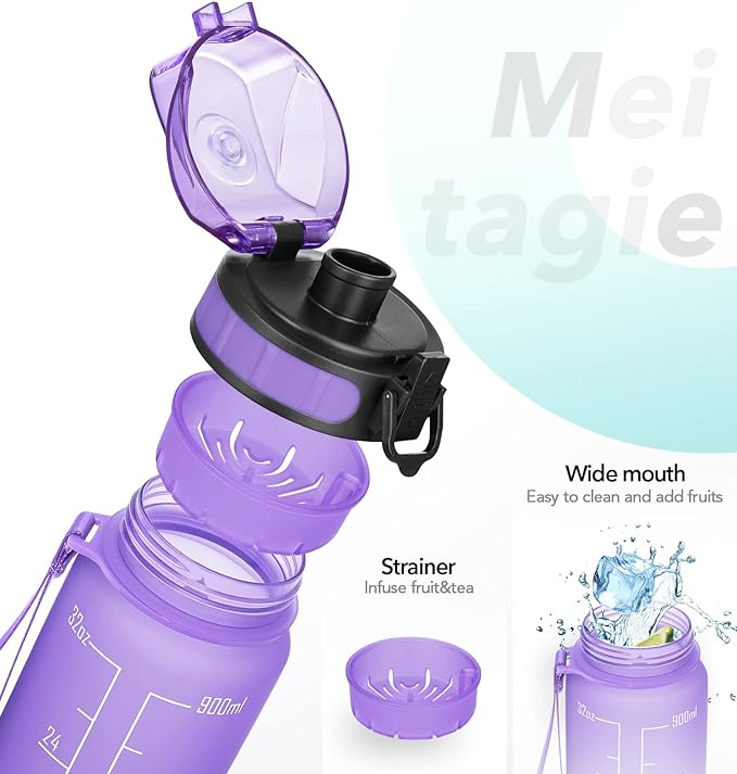 32oz Motivational Water Bottle with Time Marker & Fruit Strainer, Leak-proof BPA Free Non-Toxic Bottle with Carrying Strap, Perfect for Fitness, Gym and Outdoor Sports