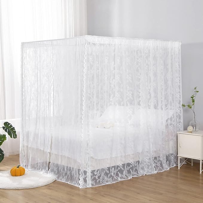 Lace Canopy Bed Curtain Queen, Soft Bed Canopy Scarf for Girls Adults (Queen, White)