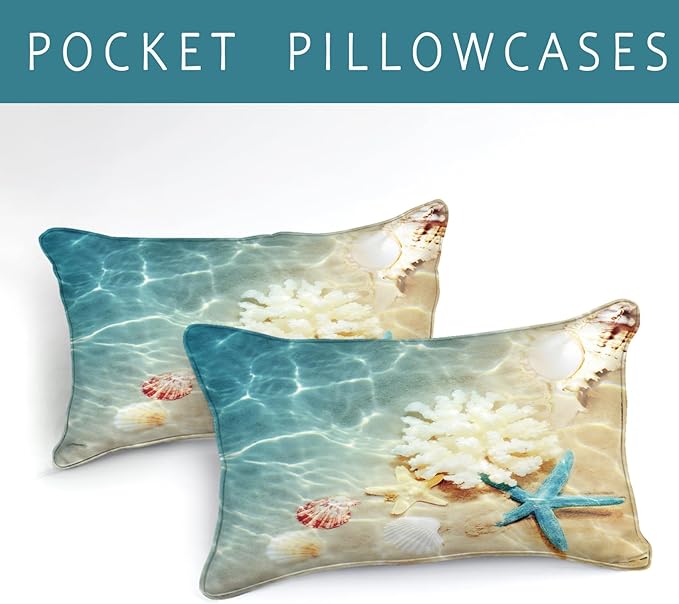 Bedbay King Comforter Set Beach Comforter Set King Size Ocean Comforter 4 Pieces Microfiber Soft Fluffy Comforter Blue Ocean Sea Shell Decor Turquoise Teal Comforter Set (Coastal, King)