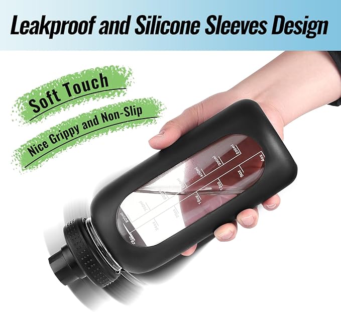 32 oz Glass Water Bottle with Straw and Handle, Sports Motivational Water Flask with Silicone Sleeve, Large Leakproof Water Flask Cup with Time Marker for Travel, Gym, Cream