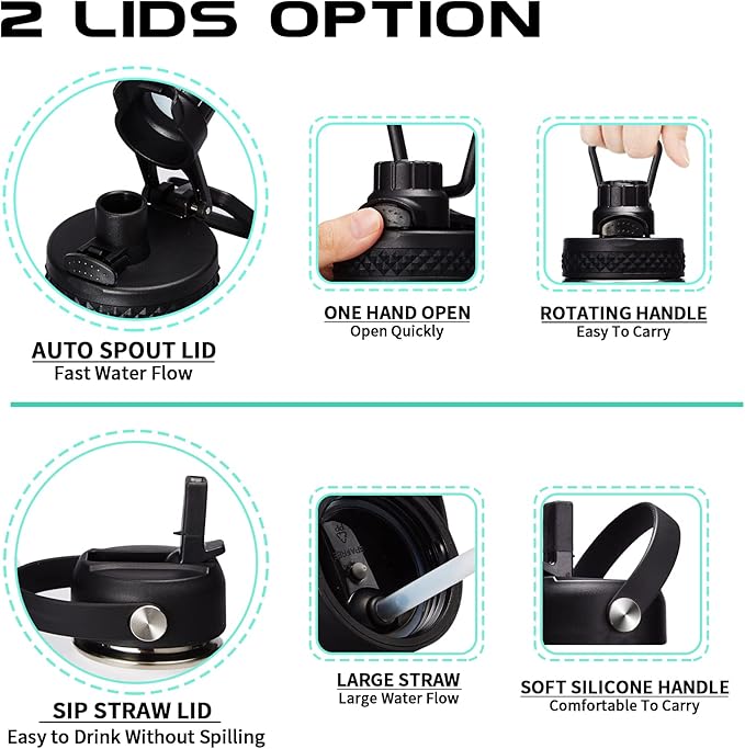 40OZ Insulated Stainless-Steel Water Bottle - Reusable Metal Water Bottles with Straw & Spout Lids, Paracord Handle & Bottle Carrier Pouch, Leakproof Workout Water Bottle Flask for Women Men