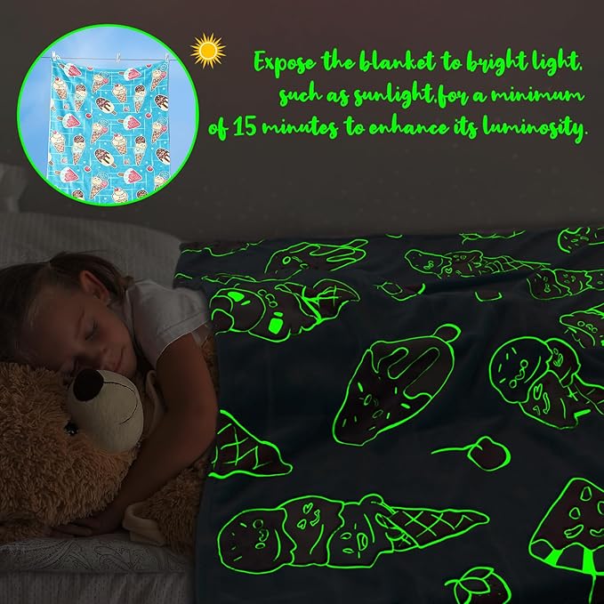 Funny Blanket Glow in The Dark Blankets for Girls Cute Ice Cream Blanket Birthday Gifts for Kids Toddlers Soft Warm Cozy Cute Food Blankets Home Decor Glowing Blanket