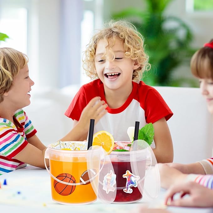 30 Pcs Ice Cream Buckets with Lids and Handles Drink Rum Buckets for Parties Cocktails Reusable Clear Plastic Food Containers with 50 Pcs Sports Stickers