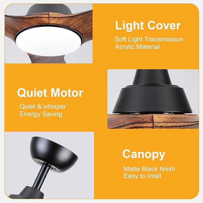 Sevenine Ceiling Fan with Light,Wood Brown Ceiling Fan,3 Blades,Downrod,6 Speed Adjustable,Dimmable LED,3 Timers,Reversible DC Motor, for Patio Living Room Bedroom Dining Room (Wood Brown, 42Inch)