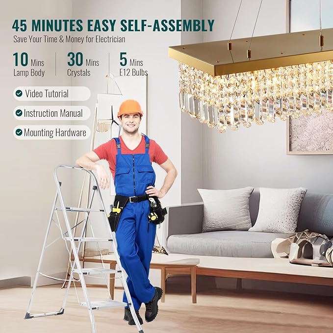 Siljoy Rectangular Gold Crystal Chandelier 8 Lights Modern Rectangle Raindrop Pendant Ceiling Light Fixture for Living Dining Room Kitchen Island Bar L40'' x W10'' x H10''