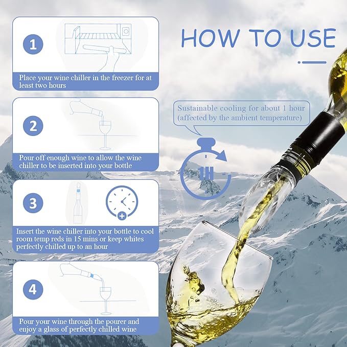 3-in-1 Stainless Steel Wine Chiller Stick, 3 Bottle Stoppers for Free, Wine Bottle Cooler Stick, Rapid Iceless Wine Chilling Rod with Aerator and Pourer, Wine Gift for Wine Lovers.