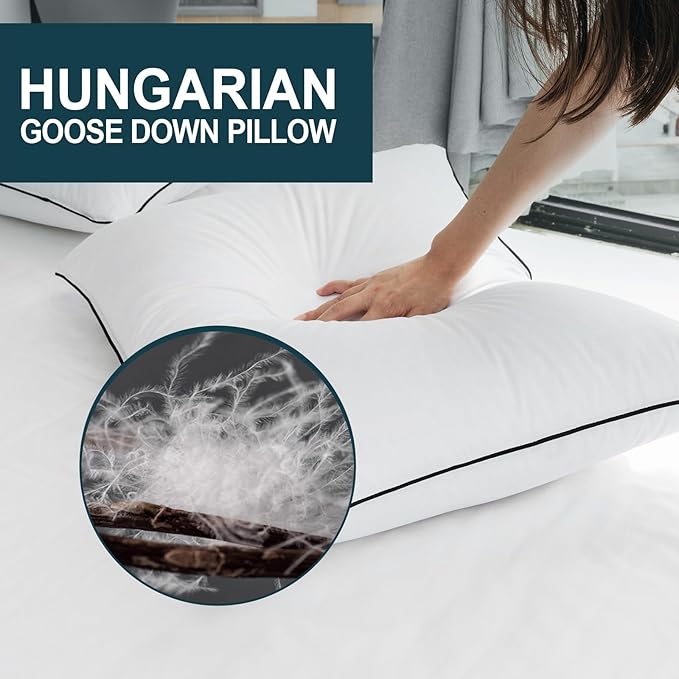 Hungarian Goose Down Pillows Standard Size, Bed Pillows for Sleeping, Pillow for Back, Stomach or Side Sleepers, Ultimate Comfort, 2 Pack, Standard (20" x 26")