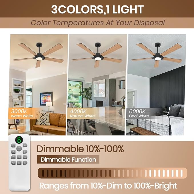 GESUM Black Ceiling Fan with Light, 52 In Outdoor Ceiling Fan for Patio, 5 Reversible Blades, Dimmable, 3CCT, Smart Ceiling Fan with Remote/App Control for Living Room Kitchen Bedroom (Black)