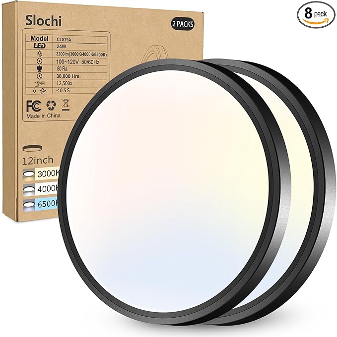 2PACK LED Flush Mount Ceiling Light Fixture, 3000K-4000K-6500K & 150W Equivalent Modern Kitchen Recessed Ceiling Lamp 24W 3200Lm 12Inch Closet Round Surface for Bathroom Laundry Bedroom Hallway, Black