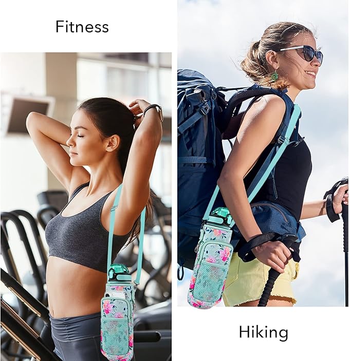 32 oz Water Bottle with Straw and Sleeve, Motivational Water Bottle with Time Marker and Adjustable Shoulder Strap, BPA Free Leakproof Sport Water Jug for Hiking, Gym