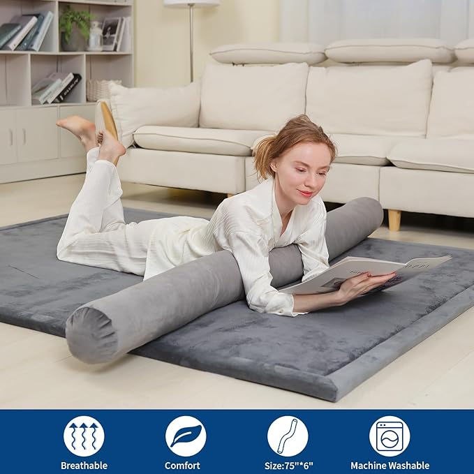 Long Body Pillow for Adults,Full Body Pillow with Velvet Pillowcase,Round Bolster Pillow for Sleeping,Hug Pillow(Gray,75×6 inch)