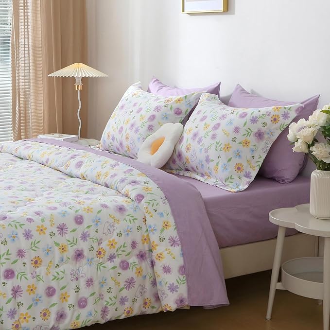 Wajade Floral Comforter Set Bed in A Bag Full Size 7 Piece Purple Flower Green Leaves Rabbits Bedding Set for Girls (1 Comforter, 1 Flat Sheet, 1 Fitted Sheet, 2 Pillowcase and 2 Pillow Sham)