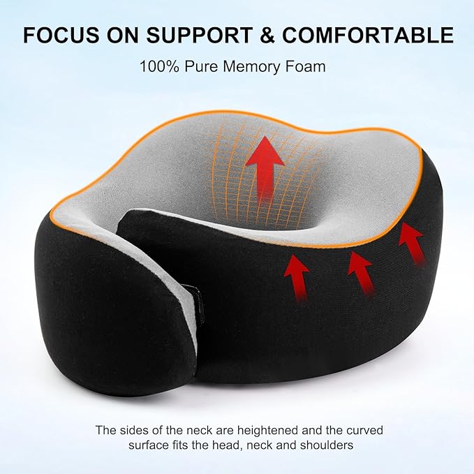 Travel Pillow, 360° Wrapped Travel Neck Pillow, 100% Pure Memory Foam Neck Pillow, Airplane Neck Pillows, Perfect Support, Soft and Breathable Pillows, Travel Accessories with Portable Bag