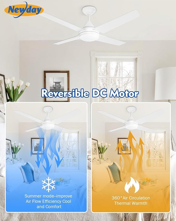 Newday 48-in Ceiling Fan with Lights and Remote, White Ceiling Fan with 4 Reversible Blades, Quit Motor, 3 Speed, Modern Adjustable Color Temperature for Indoor Outdoor