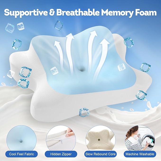 Cervical Neck Pillow, Side Sleeper Pillow for Neck Shoulder Pain Relief, Contour Memory Foam Cooling Pillow for Back Stomach Sleepers, Ergonomic Orthopedic Pillow