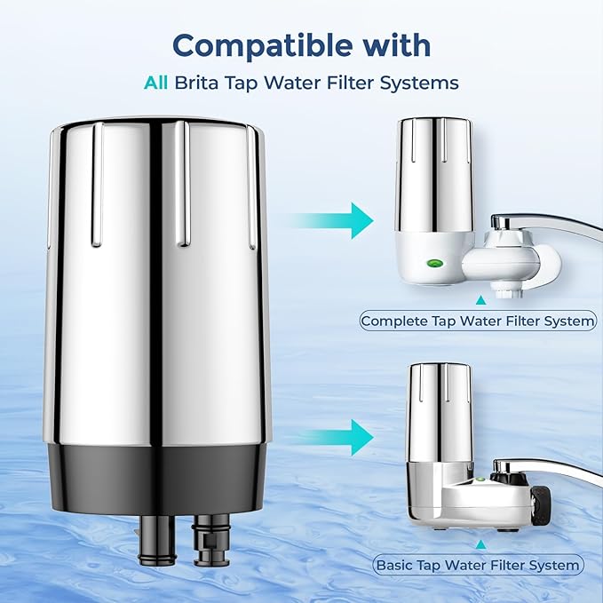 2-Pack Water Filter Replacement for Brita Faucet Filtration System, BPA-Free, Certified to Reduce Chlorine and Lead, Replace On-Tap Faucet Mount Water Filter, Chrome