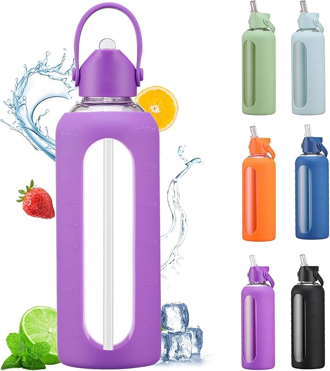 20 oz Glass Water Bottles with Straw Borosilicate Glass Water Bottle with Time Marker Motivational Water Bottles with Silicone Sleeve Leak Proof Reusable BPA Free
