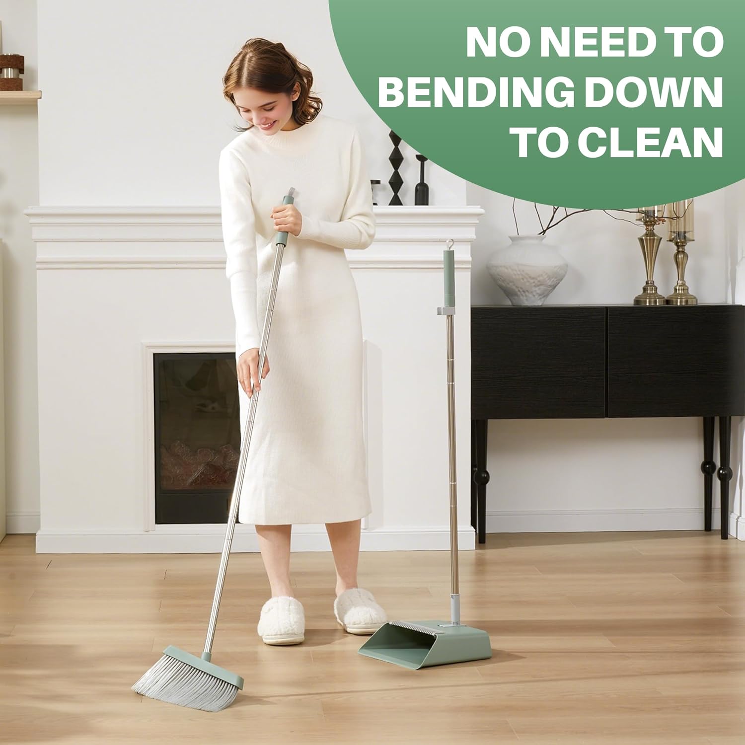 JOYMOOP Dark Teal Green Broom and Dustpan Set with 56” Handle, Upright Angle with Comb Teeth for Pet Hair and Hardwood Floors