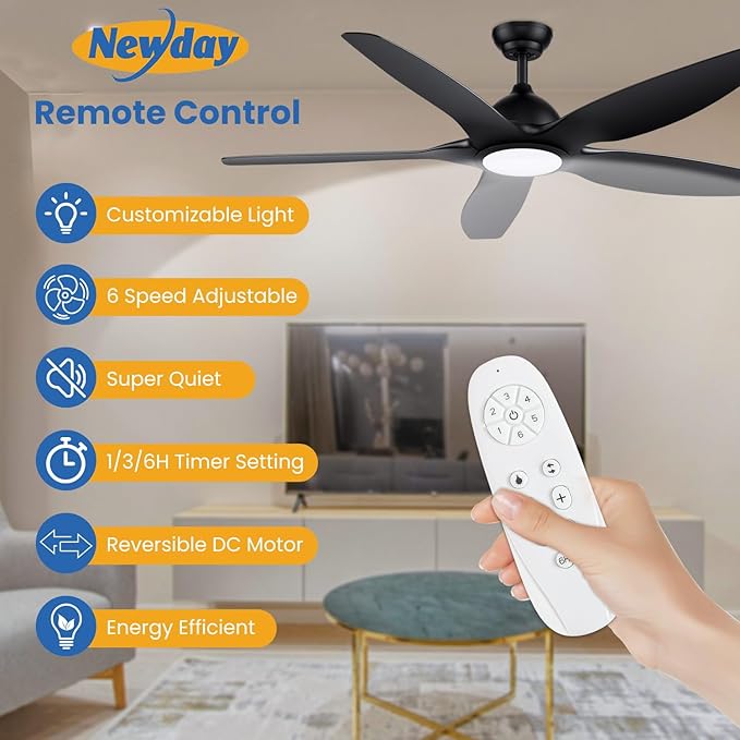 Newday 60 inch Black Ceiling Fan with Light Remote Control, Dimmable 3 CCT LED Ceiling Fans with Lights, 6 Speeds Reversible DC Motor Modern Ceiling Fan for Living Room Bedroom Indoor Outdoor