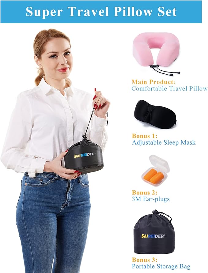 SAIREIDER Travel Neck Pillow 100% Memory Foam, Airplane Rest Prevents Head from Falling Forward, Plane Accessories with Storage Bag, Sleep Mask and Earplugs (Pink)
