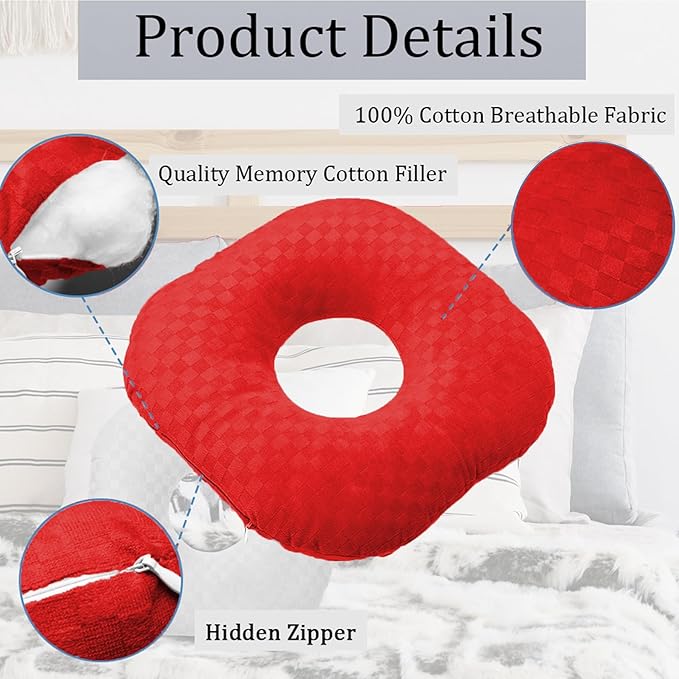 Ear Piercing Pillow for Side Sleepers, Pillow with an Ear Hole for CNH and Ear Pain Ear Inflammation Pressure Sores, O-Shaped Side Sleeping Pillow, Ear Guard Pillow (True Red)