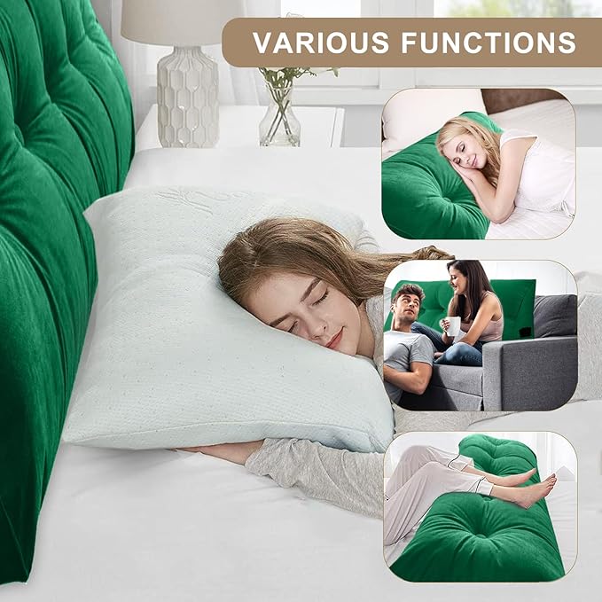 Large Triangular Headboard Pillows Long Backrest Positioning Support Bolster Cushion for Daybed Fluffy Quality Plush Body Wedge Pillow with Removable Cover(Dark Green-Twin/Twin XL-39x8x20 in)