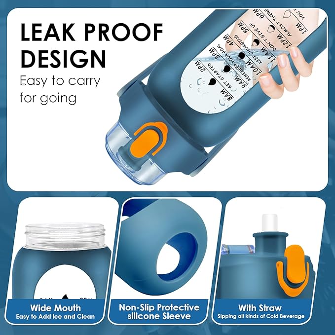 32 oz Glass Water Bottle with Time Marker - 1000ml Large Sports Motivational Water Bottles with Handle & Silicone Case, 1 Liter Leak-proof Measured Drinking Bottle for Gym Fitness Workout (Deep Blue)