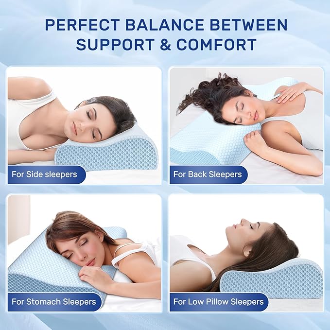 Memory Foam Pillows Cooling Pillow for Hot Sleepers Neck Pillow Bed Pillow for Sleeping Ergonomic Cervical Pillow Orthopedic Contour Pillow for Side Back-Blue White