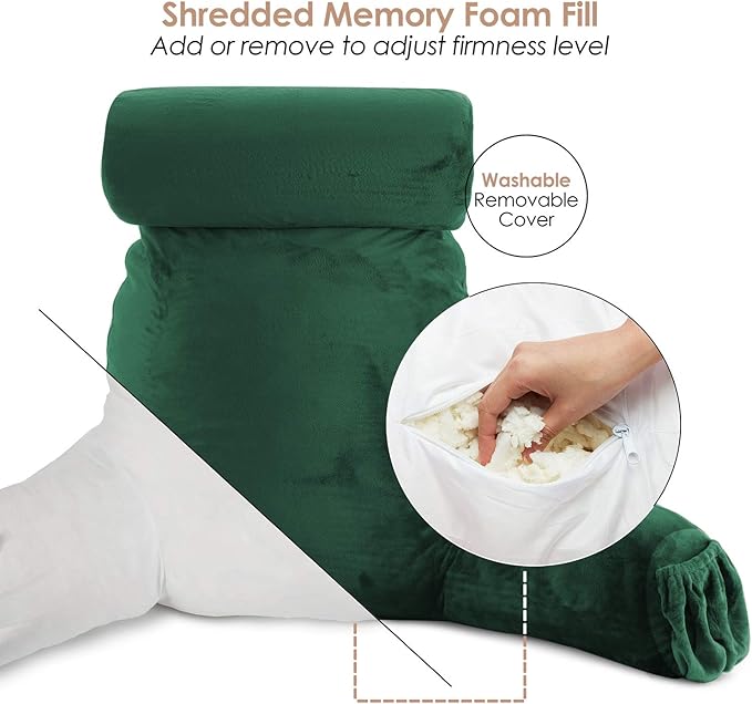 Nestl Reading Pillow Large Bed Pillow, Back Pillow for Sitting in Bed Shredded Memory Foam Chair Pillow, Reading & Bed Rest Pillows Dark Green Back Pillow for Bed, Bed Chair Arm Pillow with Pockets