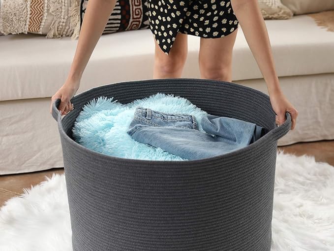 24" x 24" x 17" Max Size Large Cotton Rope Basket, Extra Large Storage Basket, Woven Laundry Hamper, Cloth Storage Bin, for Blankets Clothes Towels Pillows in Living Room, All Dark Grey