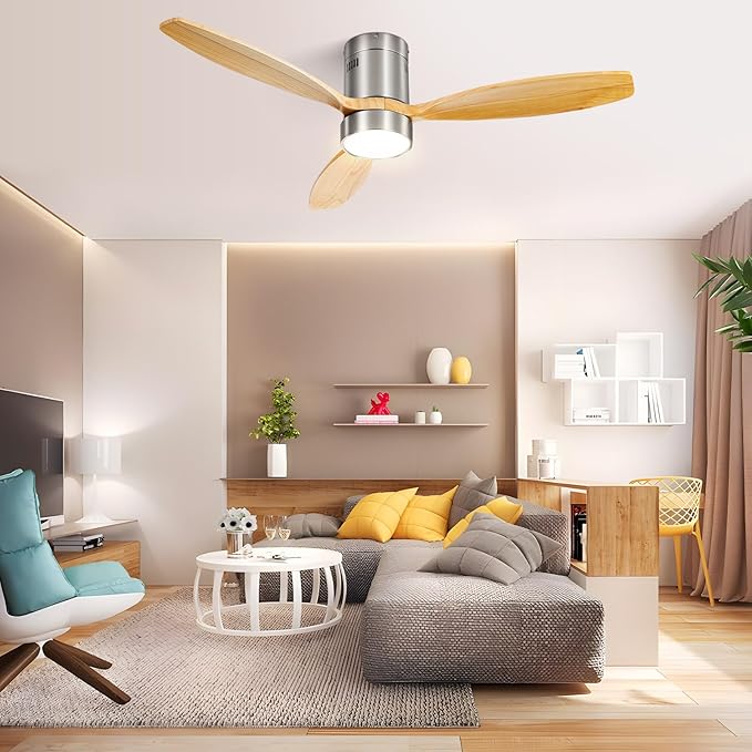 Sofucor 52 Inch Low Profile Ceiling Fan with Lights Remote Control Wood Blades Reversible DC Motor Modern Ceiling Fan for Kitchen, Bedroom, Basement, Dining, Living Room, Silvery wood