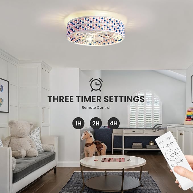 Moooni Colorful Wood Beaded Ceiling Fan with Light 19 inch Boho Wood Beaded Fandelier 6 Speed Flush Mount Ceiling Fan with Light Boho Fandelier