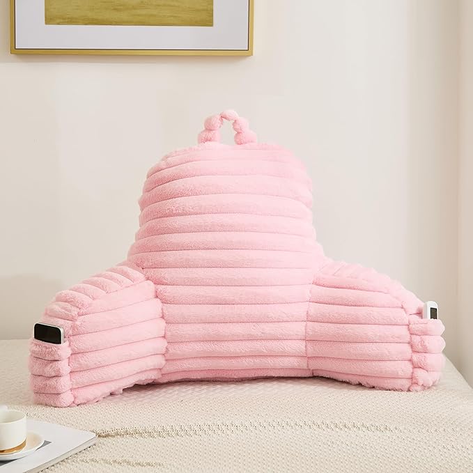 Faux Fur Fluffy Pink Reading Pillow with Pockets, Luxury Striped Plush Decorative, Arm Rests and Back Surport for Bed Rest, Lounging on sofa, Standard
