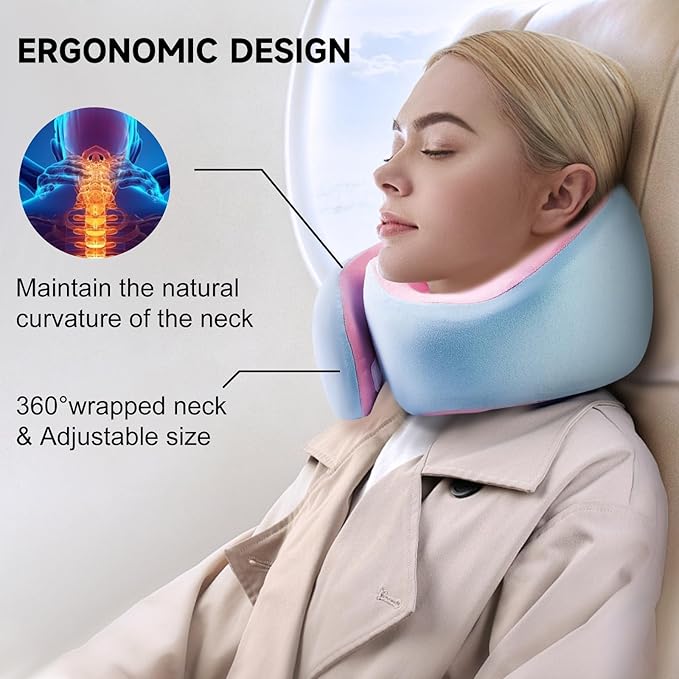 Travel Pillow, 360° Wrapped Travel Neck Pillow, 100% Pure Memory Foam Neck Pillow, Airplane Neck Pillows, Perfect Support, Soft and Breathable Pillows, Travel Accessories with Portable Bag