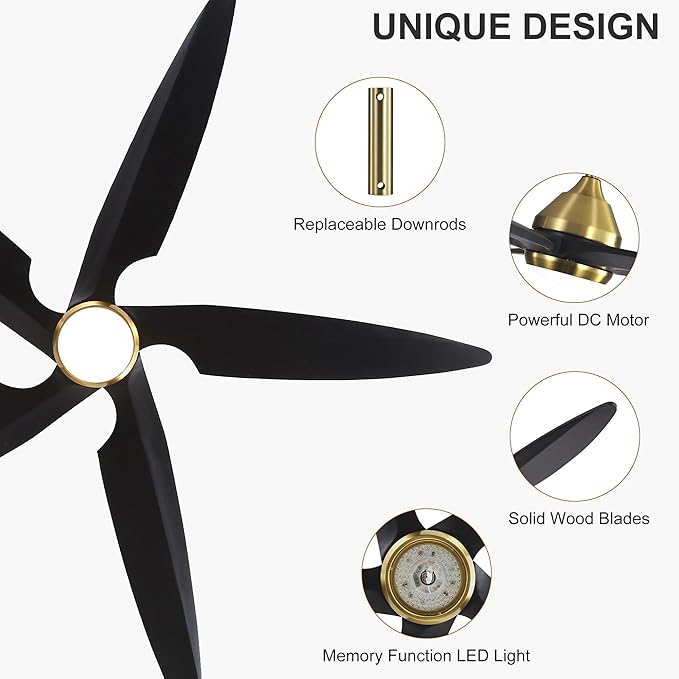 54 Inch Modern Ceiling Fan with Lights and Remote, 5 Wood Blades, 6-Speed Noiseless Reversible DC Motor with Replaceable Downrods for Bedroom Living Room Dining Room, Gold and Black.